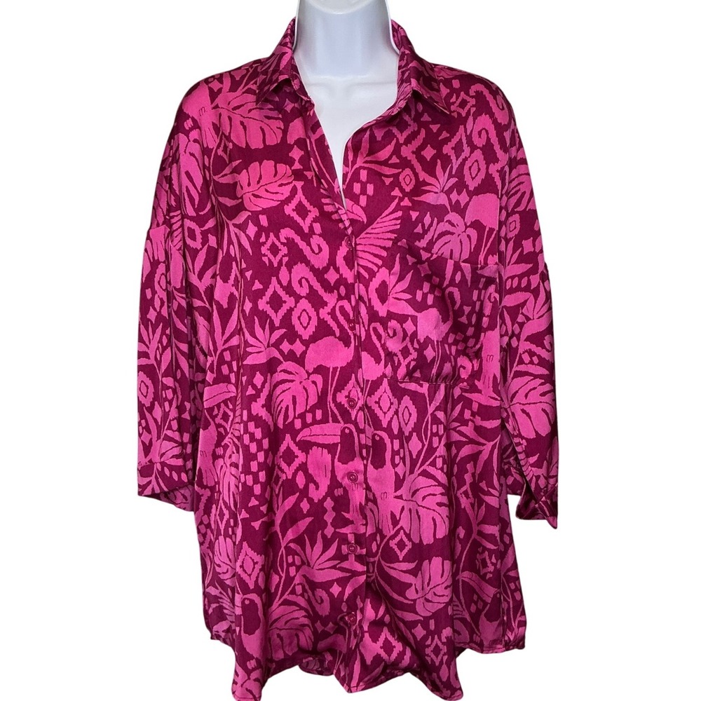 Dress Forum Pink Tropical Flamingo Toucan Print Button Up Shirt Sz M Flowy Boho